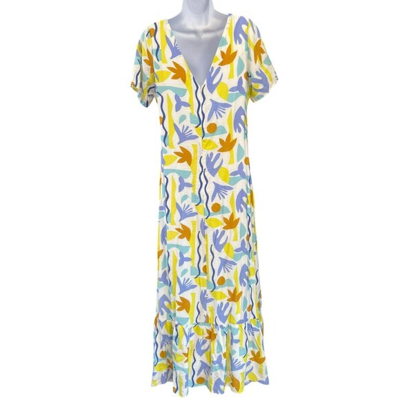 Lili Sidonio White Baby Doll Blue Maxi Abstract Print Short Sleeve Dress Sz M - Picture 3 of 6